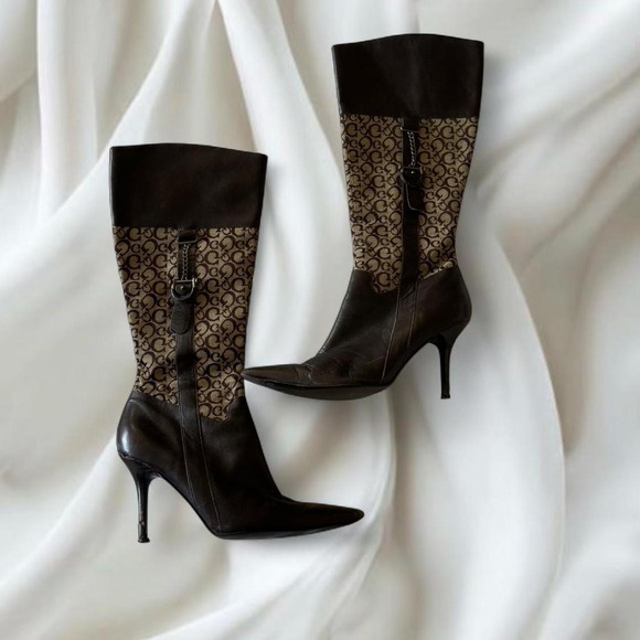 Guess Shoes - Y2K vintage Guess buckle leather monogram stiletto heeled boots‎